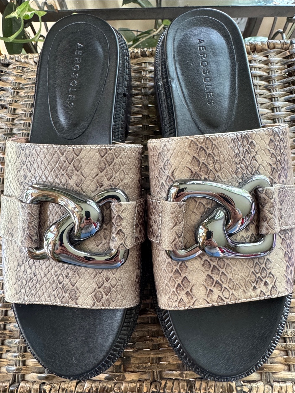 AEROSOLES Lima Slide Leahter Sandals, Taupe Snake print women’s size 8.5